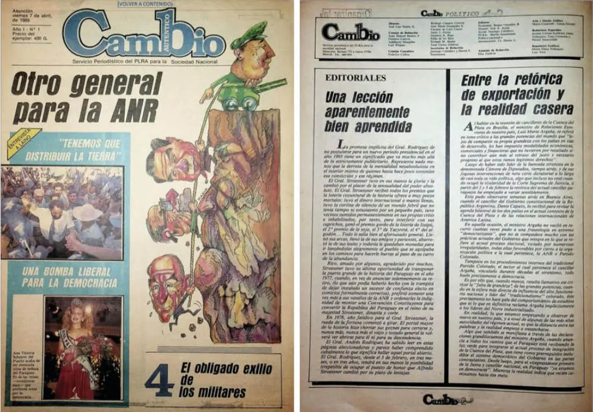 Portada y editoriales de emCambio/em, 7 de abril de 1989. 