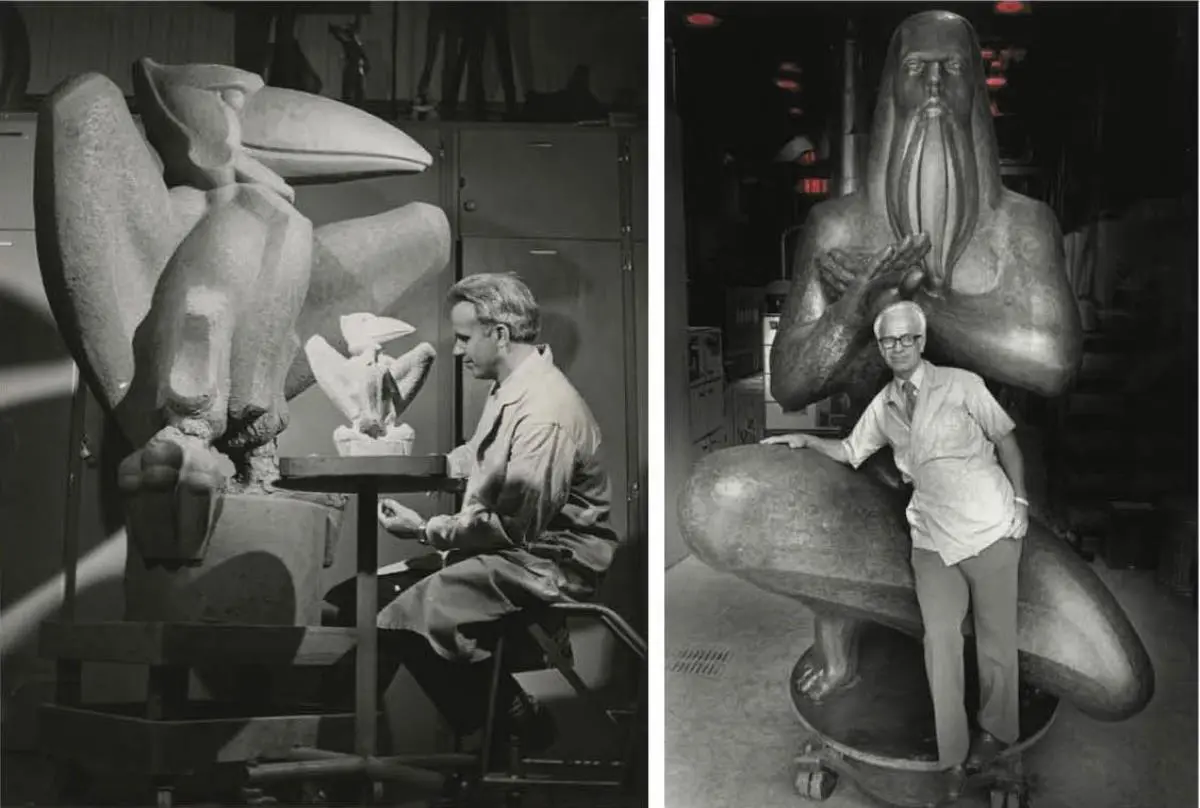 Elden Tefft trabajando en &ldquo;Academic Jay&rdquo;, 1958 y con &ldquo;Moses&rdquo;, ca. 1980. University Archives Photos, Kansas