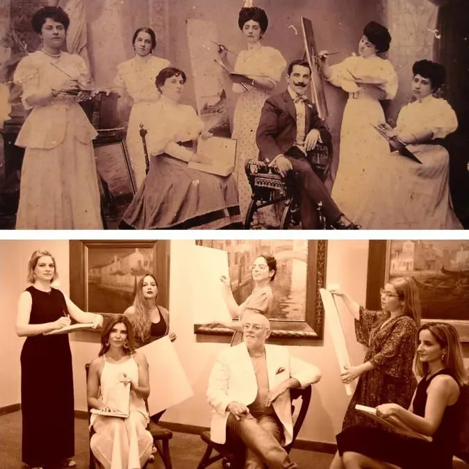 Christian Ceuppens, director de Museos, junto a las cinco artistas invitadas y Bea Bosio, en una cita a la fotograf�a de 1908 que muestra a H�ctor Daponte, fundador de la Academia de Arte del Instituto Paraguayo, rodeado de sus alumnas. Cortes�a SNC