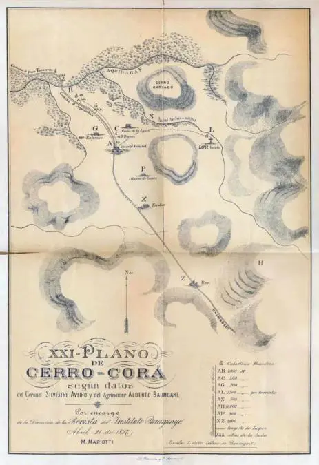 Plano de Cerro Cora realizado por M. Mariotti por encargo de la emRevista del Instituto Paraguayo/em, según datos proporcionados por el coronel Silvestre Aveiro y el agrimensor Alberto Baumgart, 21 de abril de 1897. Cortesía