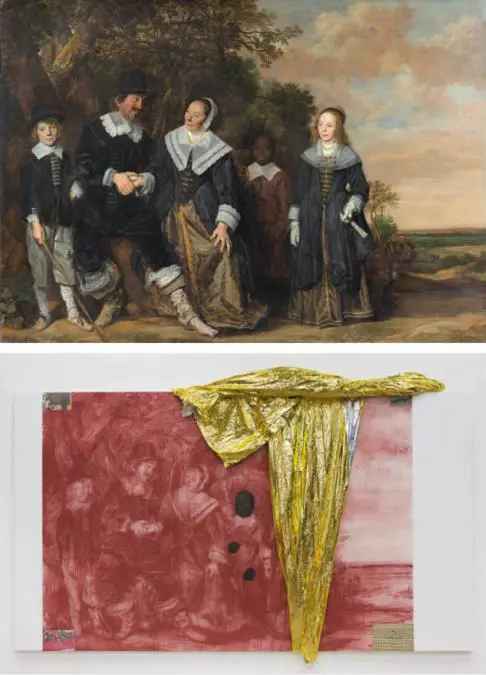 Arriba: Frans Hals, emGrupo familiar ante un paisaje/em, 1648 © Museo Nacional Thyssen, España. Abajo: Versión de Sandra Gamarra Heshiki, con óxido de hierro y óleo sobre tela © Oak Taylor-Smith/AECID