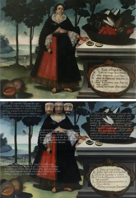 Arriba: Vicente Albán, emIndia en traje de gala/em, 1783, Museo de América © MAM, Joaquín Otero Úbeda. Abajo: Sandra Gamarra Heshiki, emMáscaras mestizas V/em © Oak Taylor-Smith/ AECID.