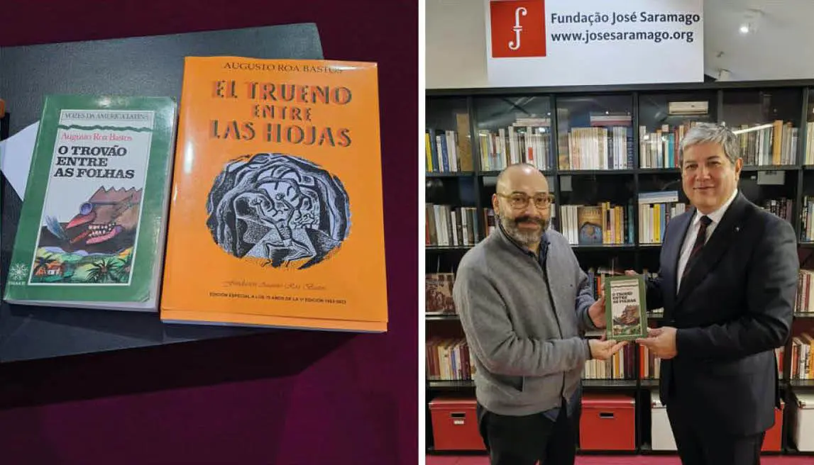 Sergio Machado Letria, director de la Fundación José Saramago, recibe un ejemplar deem Trovão entre as folhas/em de manos del embajador del Paraguay en Portugal, Julio Duarte Van Humbeck. Cortesía