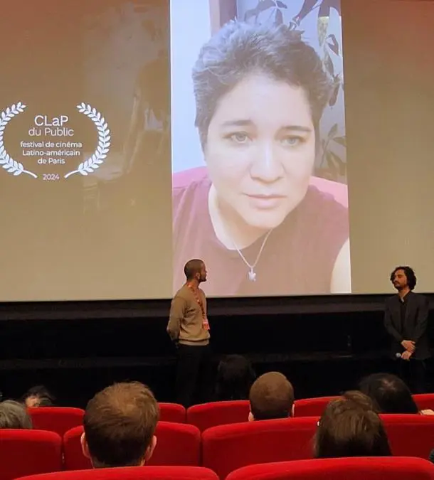 La directora de emGuapo'y/em, Sof�a Paoli, agradeciendo a trav�s de un video el premio del p�blico en el Festival CLaP. Foto: Embajada de la Rep�blica del Paraguay en Francia