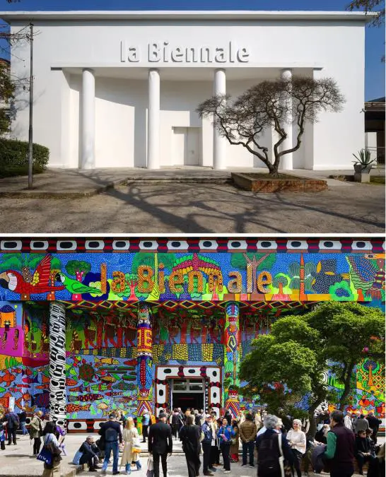 Pabell�n Central de La Biennale en Giardini en las ediciones 2022 (arriba � Andrea Avezzu) y 2024 (abajo) con la fachada intervenida por el colectivo ind�gena brasile�o MAHKU (Movimento dos artistas Huni Kuin). Cortes�a