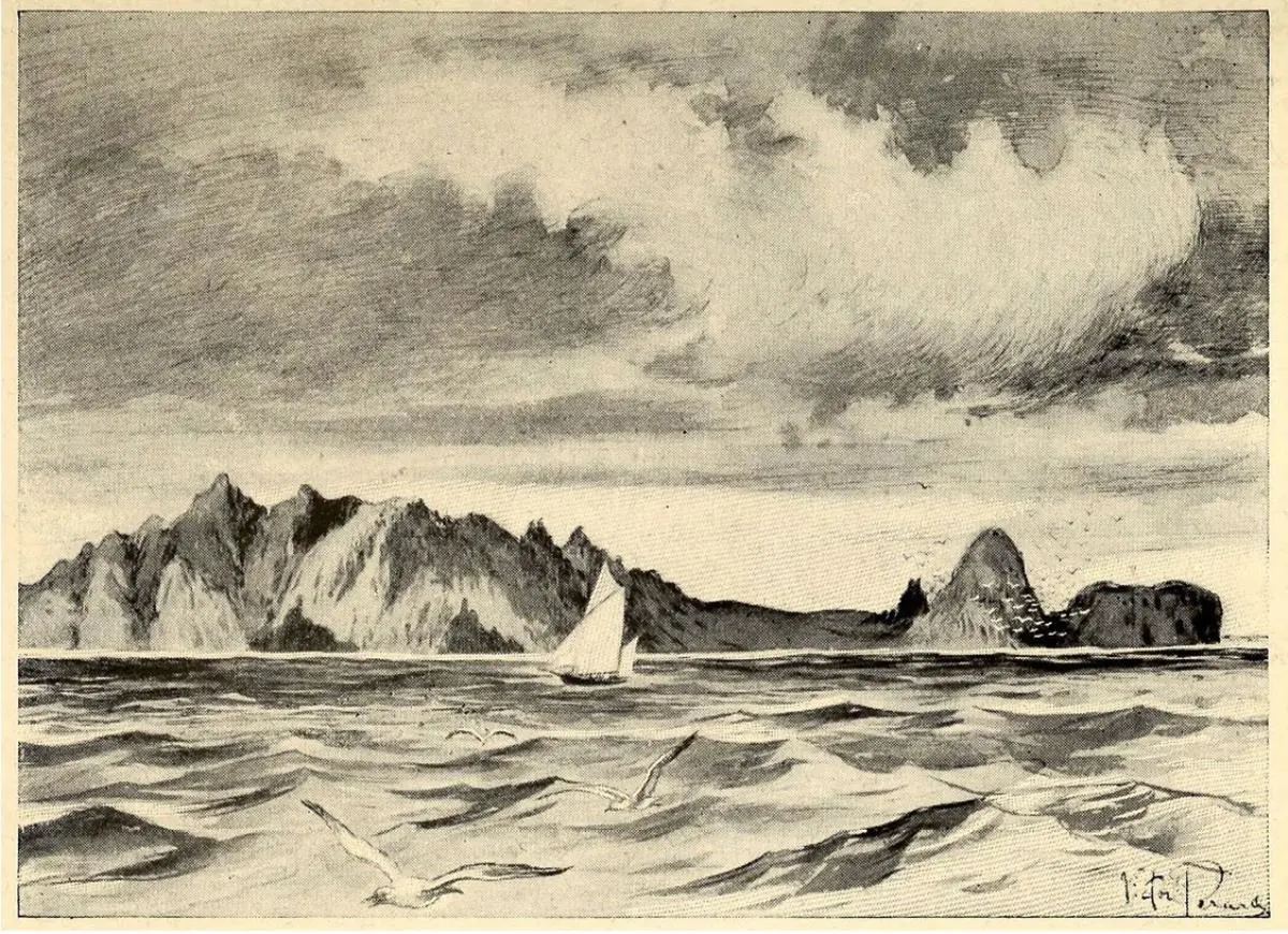 Ilustraci�n del libro emReal Soldiers of Fortune/em (1906), de Richard Harding Davis, que muestra la Isla de Trinidad, fuera de las costas del Brasil. Autor desconocido. Wikisource, dominio p�blico.