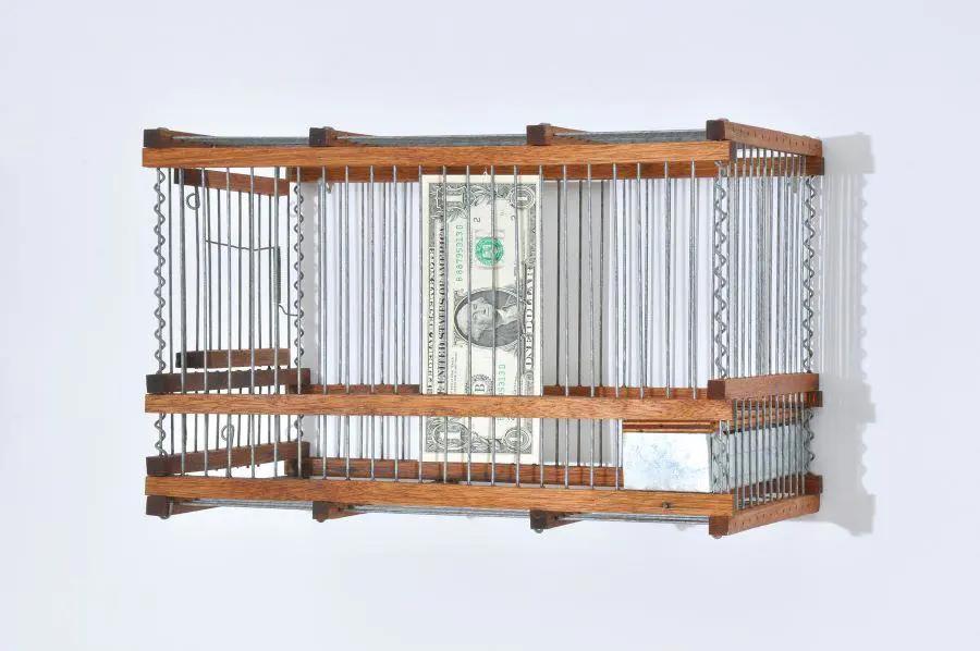 Gustavo Riego. Sin ti?tulo. Objeto. Jaula, madera, metal y billete de do?lar, 2022. Cortes�a