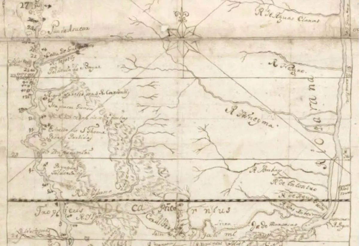 Secci�n del mapa del r�o Paraguay, del padre Quiroga, que menciona el sitio de &ldquo;estreito De s. Thome&rdquo; (bah, madrid cfr 52). (Carlos A. Page, Revista de Historia Iberoamericana)
