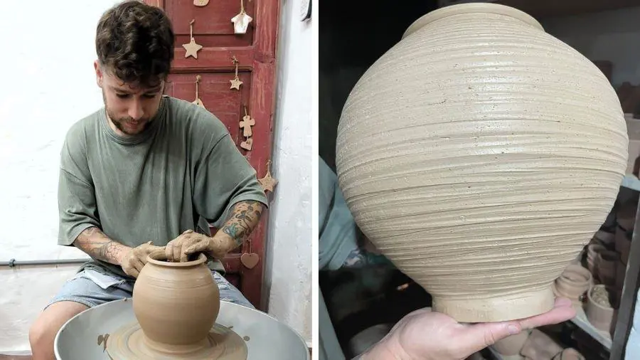 Rubén Mañas en proceso de trabajo y una de sus piezas. Cortesía