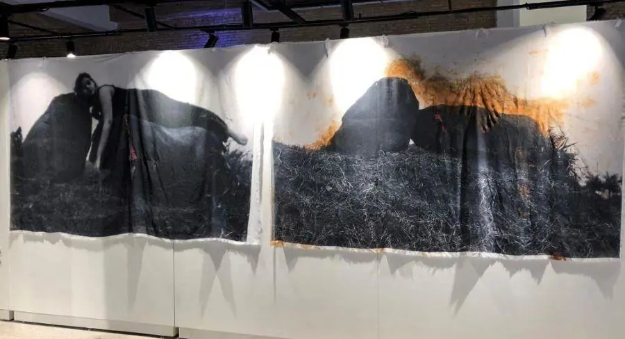 Tim MiRaquel, emLa perecida/em (d�ptico), 2024. Fotograf�as sublimadas sobre gasa, sublimadas con yvy pyt� (tierra colorada), carb�n y costuras. 125 cm x 252 cm c/u. Cortes�a