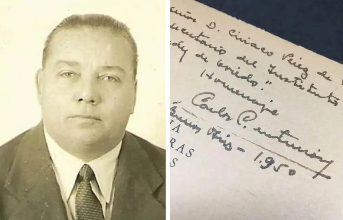 Carlos R. Centuri�n hacia mediados de la d�cada de 1940 y car�tula de emHistoria de las Letras Paraguayas/em con dedicatoria del autor. Cortes�a