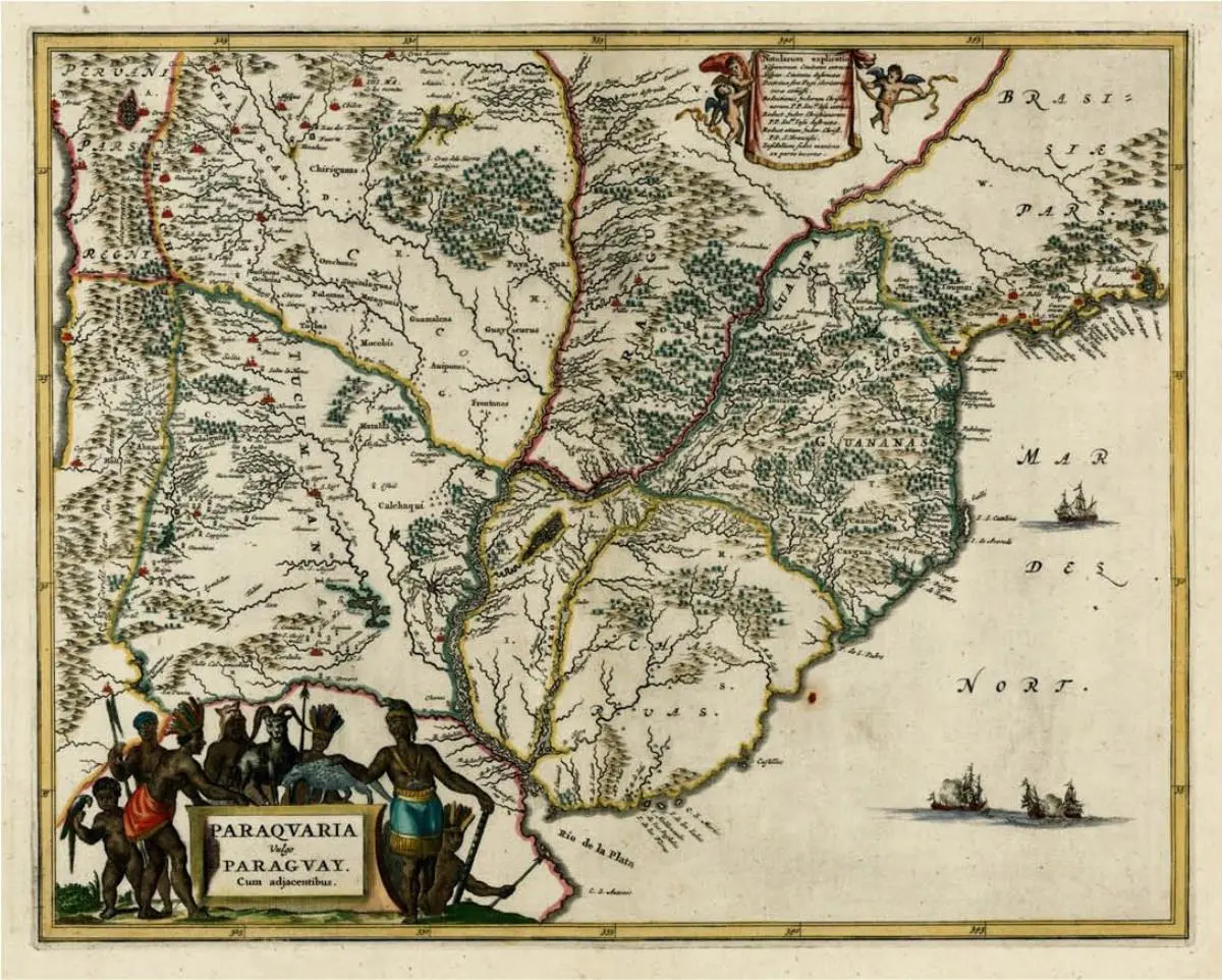 Mapa de la Provincia Jesuítica de Paraqvaria, publicado por John Ogilby, Amsterdam, 1671. FB Paraguay Virreinal