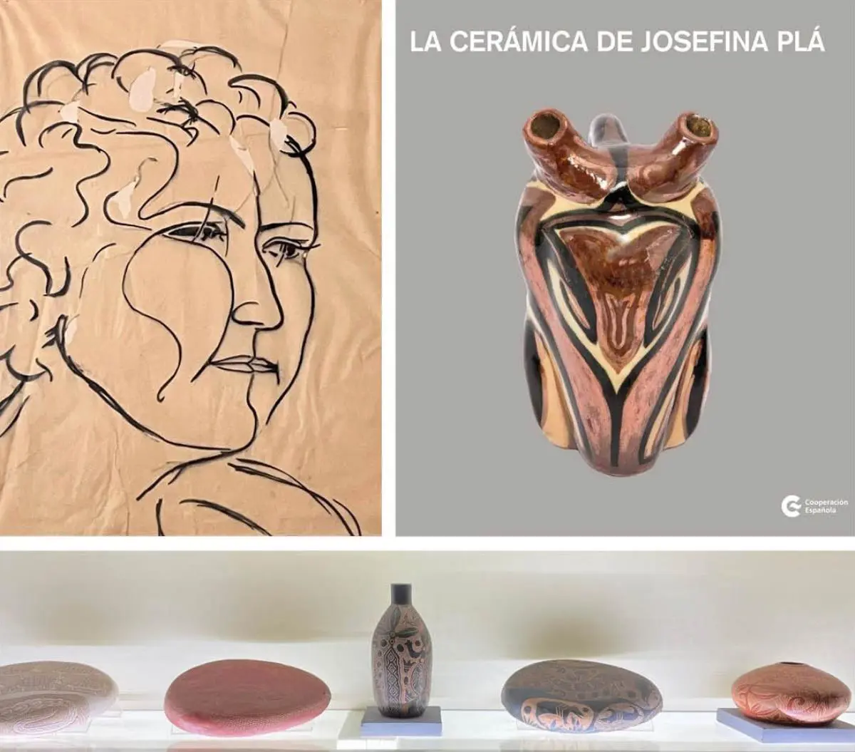 Jos� Laterza Parodi, emRetrato de Josefina Pl�/em, ca. 1954. Tinta � MBC / Ilustraci�n de la cubierta: Josefina Pl�, emLechuza/em, 1956. Botijo &ldquo;de fantas�a&rdquo;, Museo Juli�n de la Herrer�a, 13 x 6 cm. Cortes�a / Josefina Pl�, piezas de la serie emPayagu�/em, Museo Juli�n de la Herrer�a. Cortes�a
