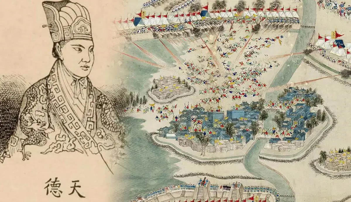 Dibujo de artista desconocido que muestra a Hong Xiuquan y su batalla, ca. 1860, a trav�s de Britannica (La rebeli�n Taiping: un conjunto de diez escenas de batalla de la escuela china).