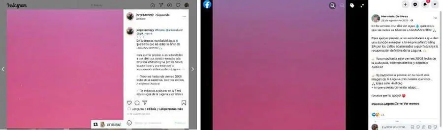 Acci�n Magenta: Llamado a que las redes sociales se ti�an del color del agua contaminada en la Semana Mundial del Agua. Instagram de @anisisul y de Jorge S�enz. Facebook de Do�a Herminia Valdez.