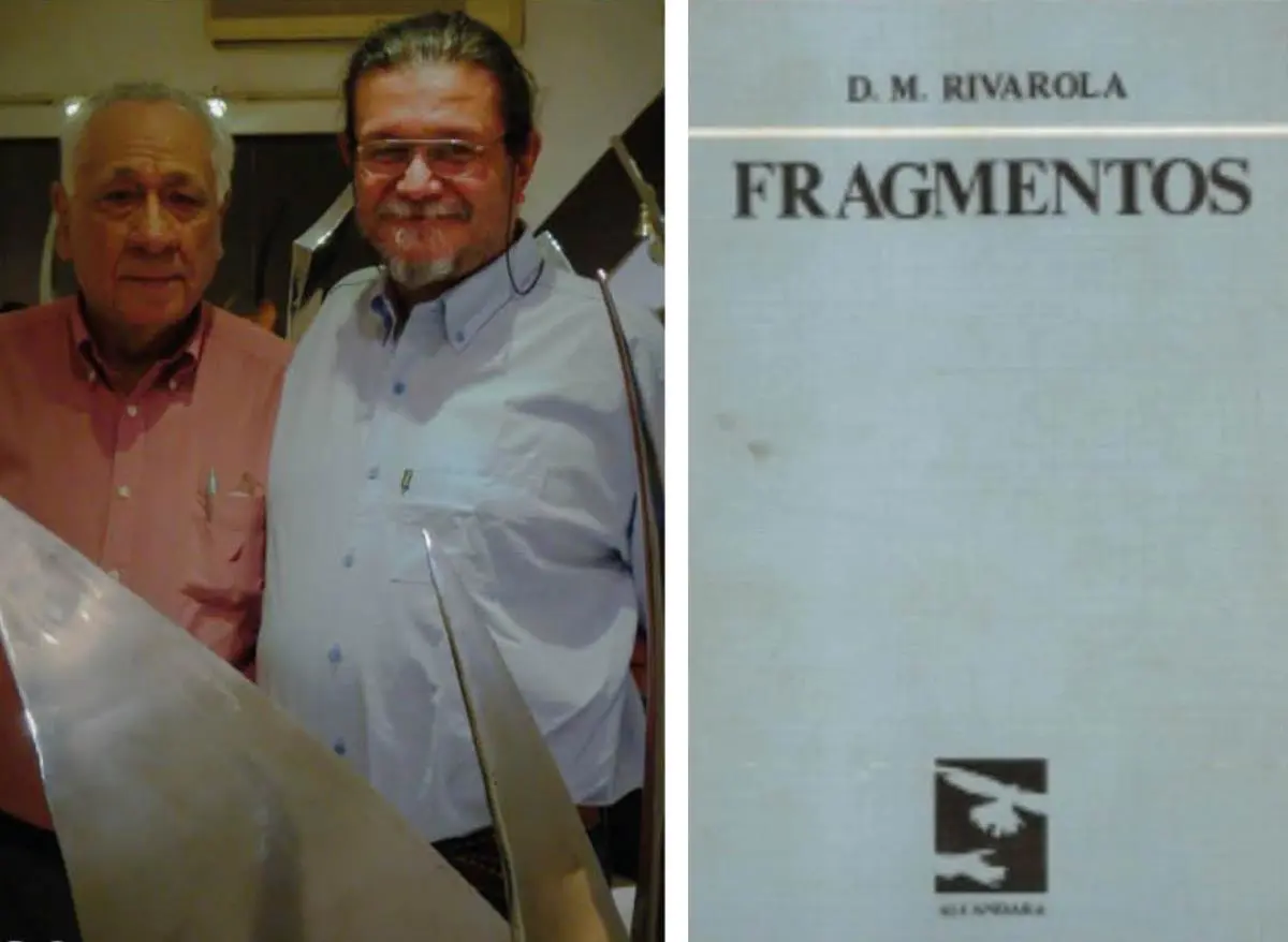 Domingo Rivarola y Gustavo Beckelmann durante su exposici�n en Casa Mayor y portada del volumen po�tico emFragmentos/em. Cortes�a
