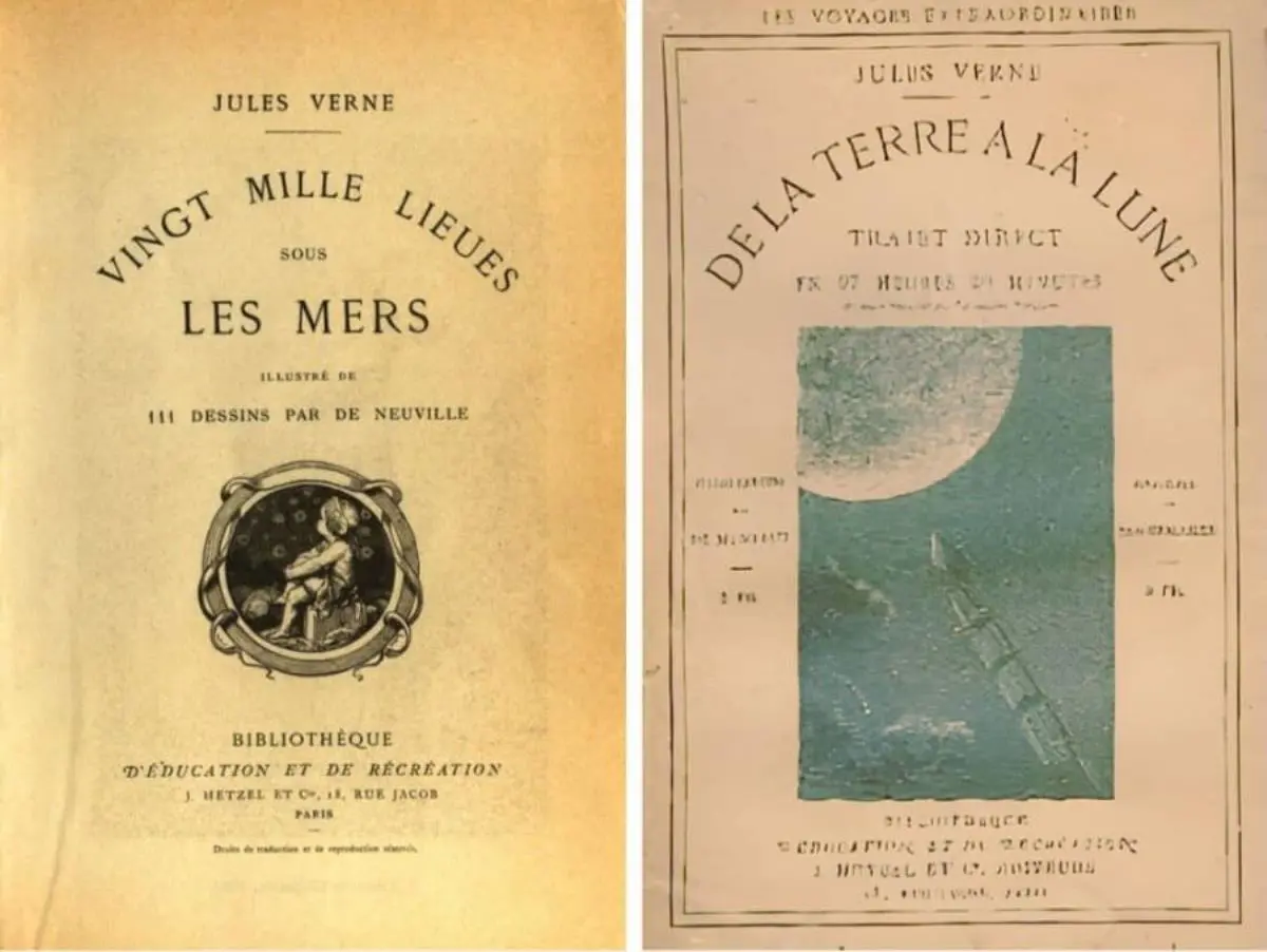 Tapas de la primera edici�n de emVeinte mil leguas de viaje submarino/em (1870) yem De la Tierra a la Luna/em (1865). Cortes�a