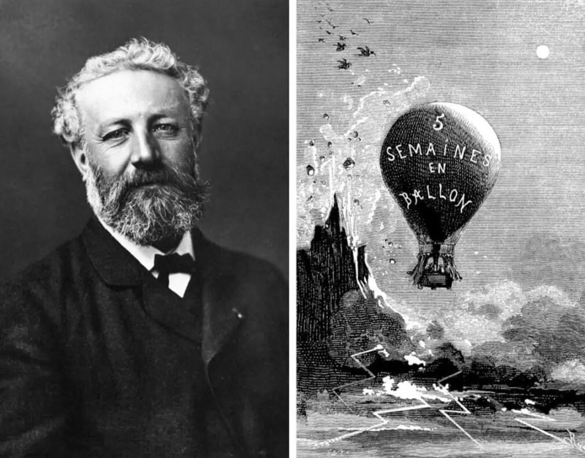 Julio Verne y la tapa de la primera edici�n de emCinco semanas en globo/em (1863). Cortes�a