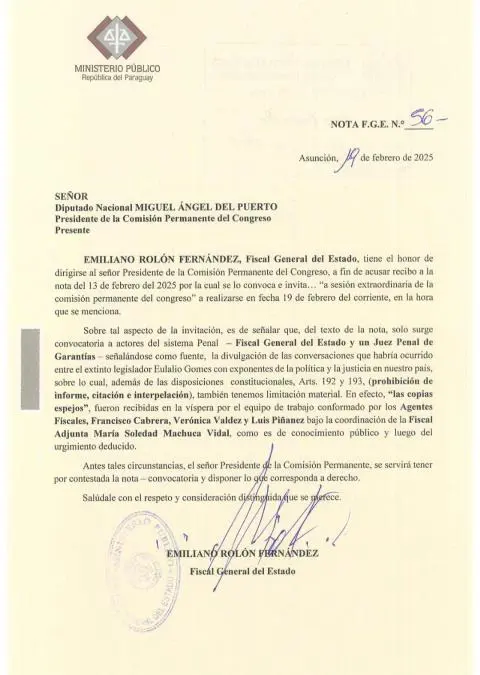 Nota del fiscal general del Estado. Foto: Facs�mil.