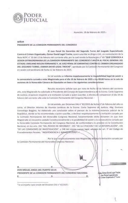 Nota del juez Osmar Legal. Foto: Facs�mil.