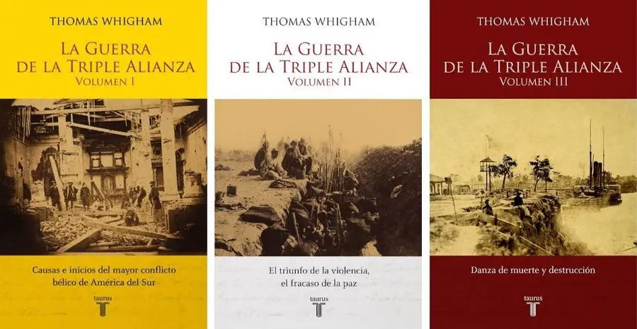 Tapa de los tres vol�menes de emLa Guerra de la Triple Alianza/em de Thomas Whigham. Cortes�a