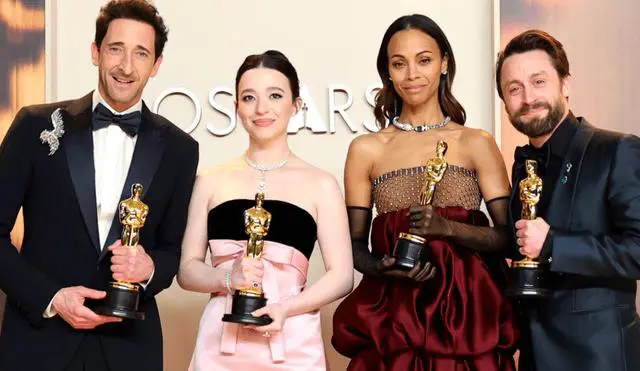 Adrien Brody obtuvo el Oscar al mejor actor por su actuaci�n en &ldquo;The Brutalist&rdquo; y Kieran Culkin se llev� el premio a Mejor Actor de Reparto en los Oscar 2025. En el centro, Mikey Madison y Zoe Salda�a, tambi�n ganadoras de la estatuilla. (La Rep�blica)
